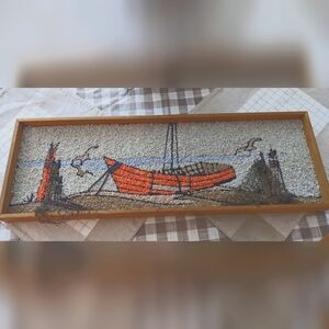 MCM 1960s Mosaic Pebble Art  Sailboat & Seagulls – Framed Wall Hanging Rare Find